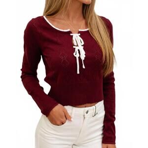 NEW BLUE BLUSH front bows pointelle sweater crop top in red